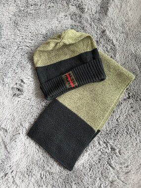 Benetton Boys’ Olive Green & Black Striped Beanie & Scarf Set
